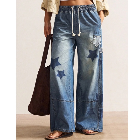 Western Star Print Patch Stretchy Waist Wide leg Denim Jean Pants - Picture 2 of 9